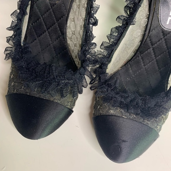 CHANEL Black satin Cap Round Toe Ruffle trim lace sheer high heels Stiletto shoe - Picture 3 of 15